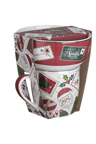 AB HOMES Christmas Mug and Bowl Set, Burgundy Ceramic 'Letter to Santa', 480ml+340ml
