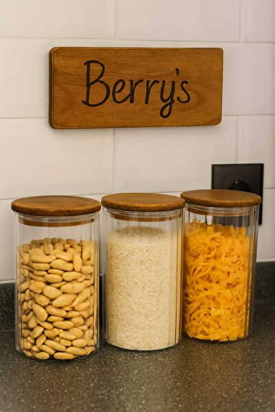 BERRY 's Ahsap Borosilicate Glass Jar with Lid (Vacuum-Optic-Walnut Color Lid) 9*19 cm