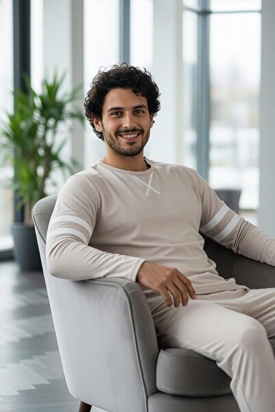 Pijamaevi Σετ πιτζάμες με μακρυμάνικο ανδρικό σετ με μοτίβο Ecru Line