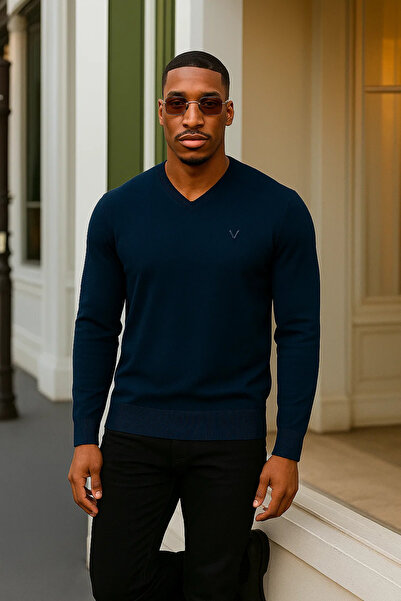 Maccali Men's Trend Casual Loose Long Sleeve V-Neck Navy Blue Sweater