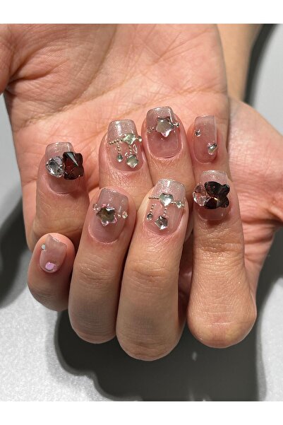 NailsTell 130778 XS Beden Pembe Taşlı Kedi Gözü French Protez Jel Takma Tırna...