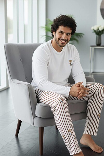 Pijamaevi Σετ πιτζάμες με μακρυμάνικο ανδρικό στυλ με σχέδιο λευκού αρκούδα