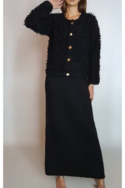 oyagüler Women's Black Long Dress Cardigan Double Knitting Suit Yy101287