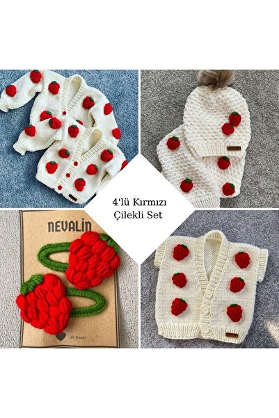NEVALİN El Örgüsü Hediyelik 4'lü Set Pembe Çilek Detaylı Hırka Yelek Atkı Ber...