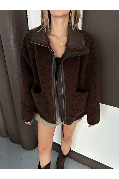 Ekim Store Deri Fermuarlı Cepli Peluş Ceket