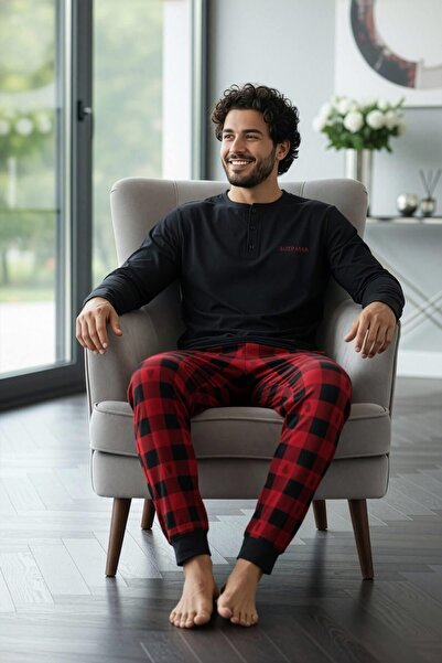 Pijamaevi Μαύρο σετ πιτζάμες με μοντέρνο ανδρικό σχέδιο με μακρυμάνικο μπλουζάκι