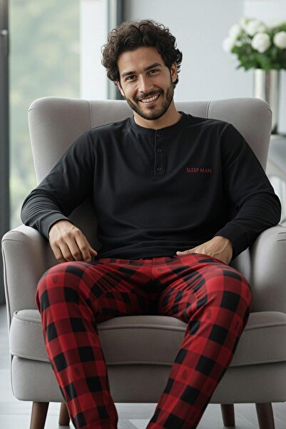 Pijamaevi Μαύρο σετ πιτζάμες με μοντέρνο ανδρικό σχέδιο με μακρυμάνικο μπλουζάκι