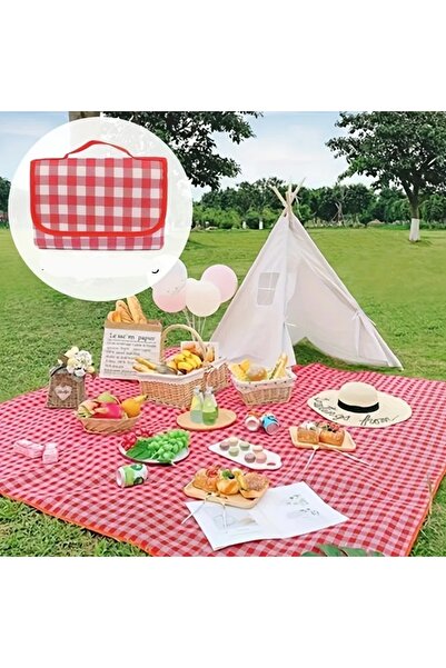 OEM Picnic and beach rug, waterproof, with handle, 200×150 cm, Premium – red with white checks