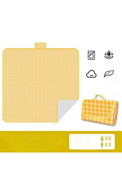OEM Waterproof, foldable picnic and beach mat with handle, 200×200 cm – yellow with white checks