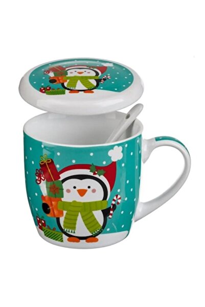 AB HOMES Christmas Mug Set with Lid & Spoon, Penguin with Gifts, 350 ml – 3 Pieces