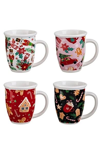 AB HOMES Σετ κεραμικών κούπες Χριστουγέννων, 4×420 ml, οβάλ εορταστικό σχέδιο