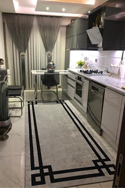 VOPTEKS Gri Siyah Halı Mutfak Halısı Makinede Yıkanabilir Halı Kaymaz Taban Halı