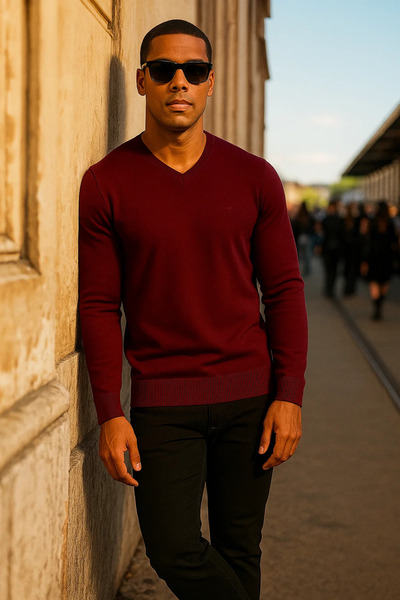 Maccali Men's Premium Comfort Casual Long Sleeve V-Neck Burgundy Sweater