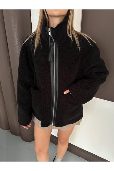 Ekim Store Deri Fermuarlı Cepli Peluş Ceket