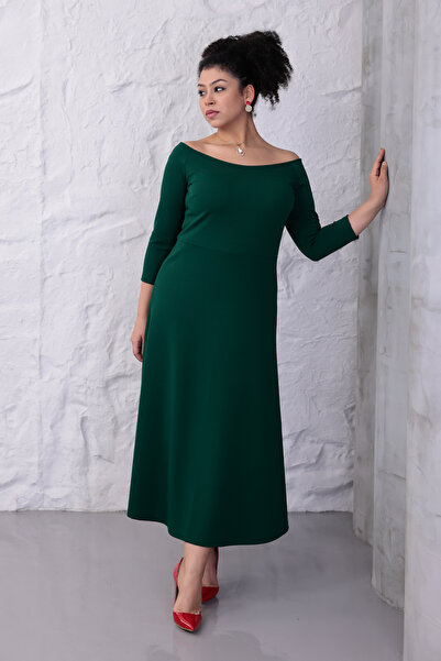 Madwilo Γυναικείο φόρεμα με φαρδύ πράσινο γιακά, με φαρδύ μανίκι, ελαστικό, μεγάλο μέγεθος