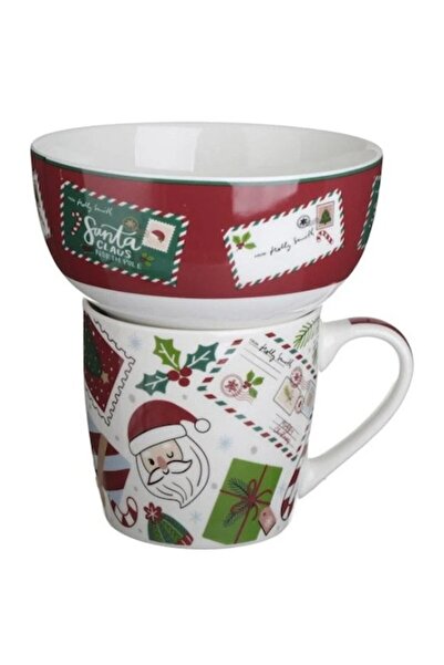 AB HOMES Christmas Mug and Bowl Set, Burgundy Ceramic 'Letter to Santa', 480ml+340ml