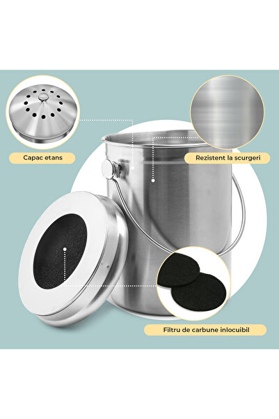 Elindor ® Waste Composting Basket, Capacity 4.9 L, 18 × 18 × 28 cm, Stainless Steel, Silver