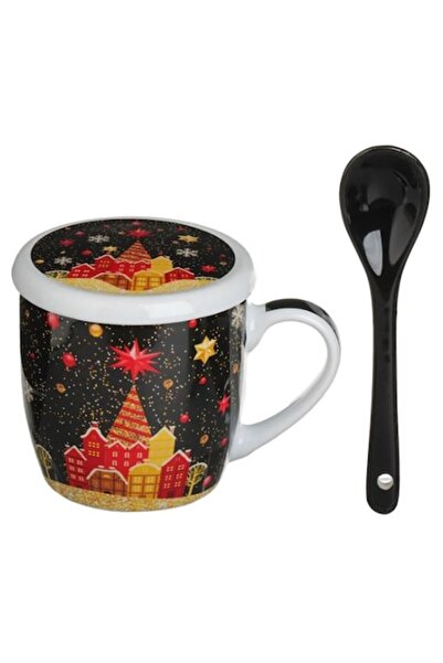 AB HOMES Christmas Mug Set with Lid & Spoon, Snowy Landscape, 340ml – 3 Pieces Porcelain