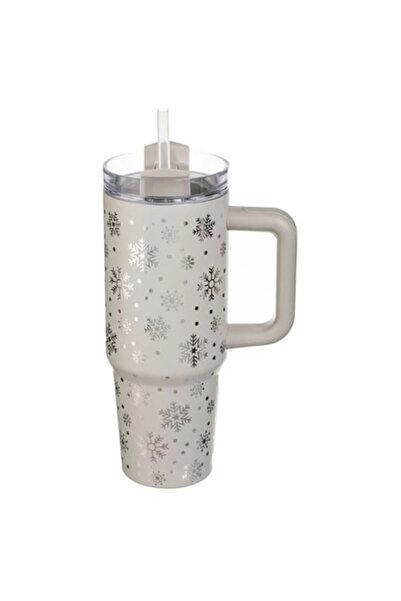 AB HOMES Stainless Steel Thermal Mug 900ml, Grey Snowflake Christmas Print, Ergonomic Handle
