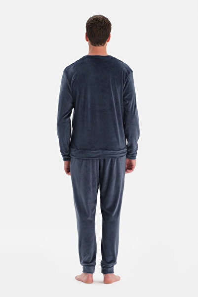 Dagi Σετ πιτζάμες με μακρυμάνικο βελούδινο μπλουζάκι με λαιμόκοψη σε μπλε ναυτικό