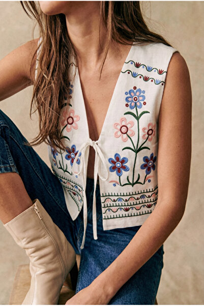 FEMELLE Γυναικείο βαμβακερό γιλέκο με κέντημα με λευκό λουράκι στο στήθος