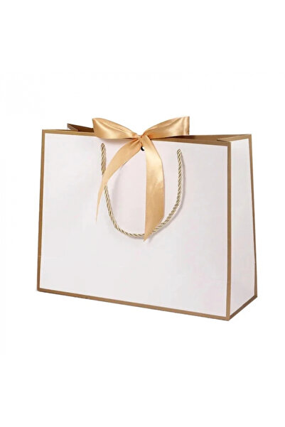 Eva Grace Pungă cadou, cu fundă, alb cu auriu, 28x20x10 cm
