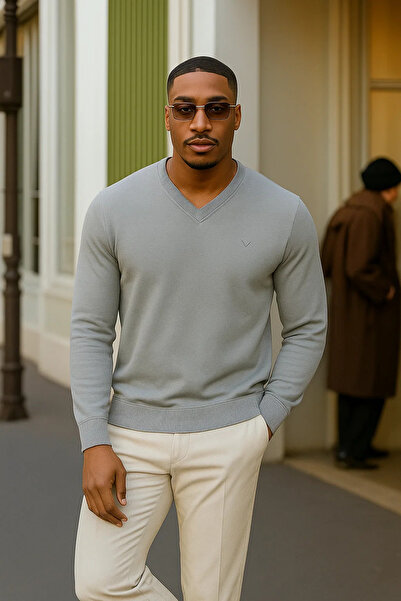 Maccali Men's Trend Casual Loose Long Sleeve V-Neck Gray Sweater