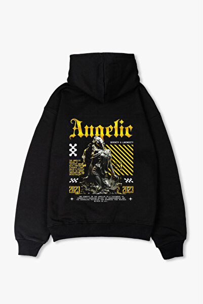 Freak Tshirt Oversized Black Hooded Angelic Sweatshirt Unisex – 3 Thread Count Fleece-Lined Thick Fleece