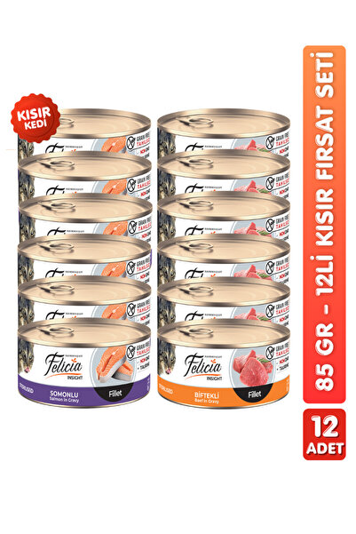 Felicia 12li Tahılsız Somon ve Biftek Aromalı Kısır Kedi Konserve Maması Kısı...