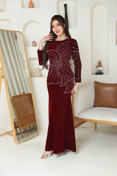 TREN Pearl Detailed Burgundy Dress Long Sleeve Fitted Evening Gown Velvet Formal Occasion Wear