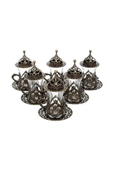 ACAR Handmade Copper & Glass Turkish Tea Set, 6 Cups with Lids and Saucers,Bronze Finish - Made in Turkey