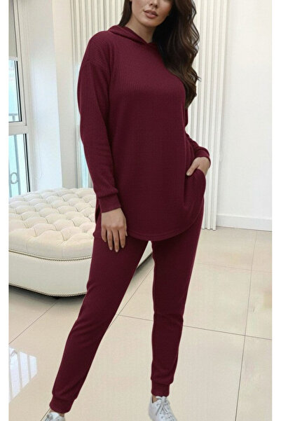 Viyamo Yeni Sezon Kadın Uzun Kollu Kapşonlu Meloni Bluz ve Pantolon İkili Takım