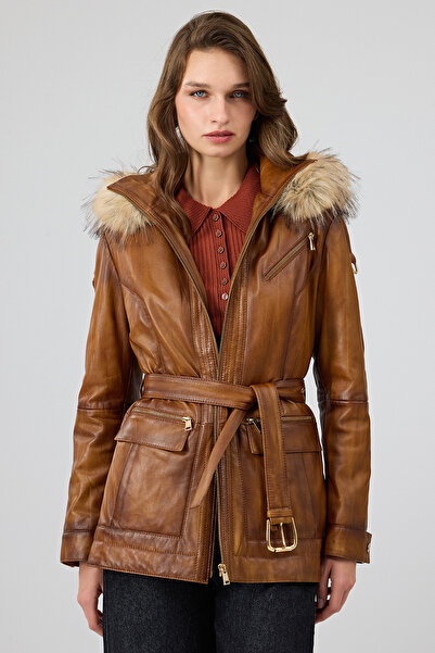 Derimod Donatella Women's Camel Belted Hooded Leather Coat 25Wge5326Nc