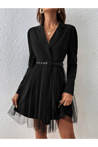 Kokosh moda Γυναικείο μακρυμάνικο φόρεμα με λαιμόκοψη και λεπτομέρεια ζώνης στη μέση, μίνι τούλι, εισαγόμενο κρεπ