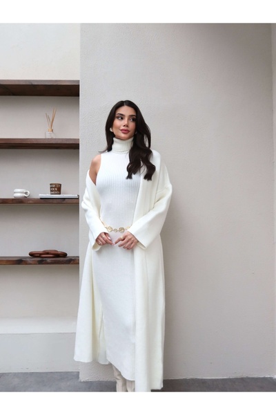 ESRAHELVACI Corded Fabric Turtleneck Dress Cardigan Set