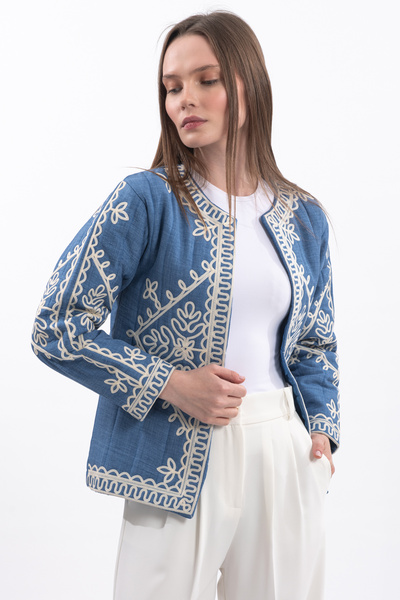 Hatun Atila Jachetă matlasată brodata 7657 - Albastru