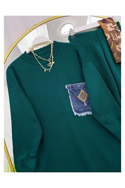 YEDİLALE Denim Pocketed Casual Knitwear Double Set [Standard Size, Includes Tunic and Pants]