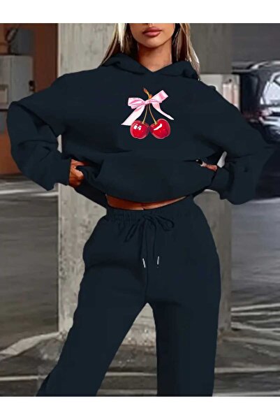 tkn your style Ribbon Cherry Bottom Top Set Fashion Print Design Hooded Sweatshirt