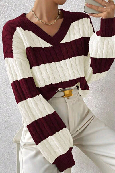 H&E LUXURY DESIGN Women's V-Neck Hair Knitting Detailed Soft Textured Sweater