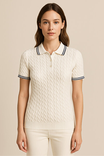 RTD&VLD Women's Rtd-256 Kaspol Polo Neck Short Sleeve Knitwear Blouse Ecru