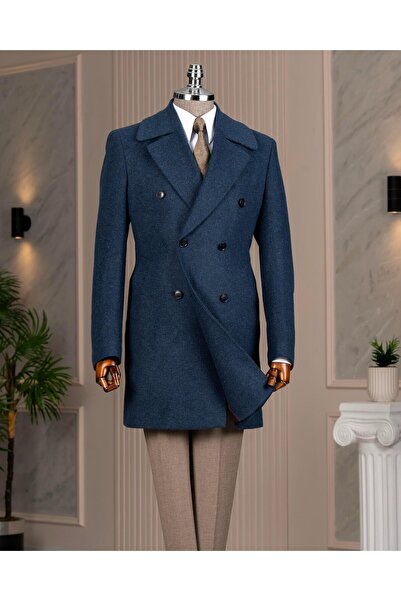 TerziAdemAltun İtalyan stil slim fit kruvaze kaşe yan cepli erkek kaban laciv...