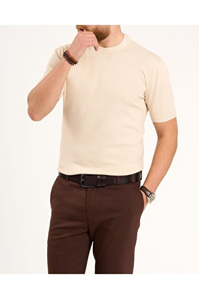 TerziAdemAltun Italian Style S Slim Fit Crew Neck Knitwear T-Shirt Beige T13140