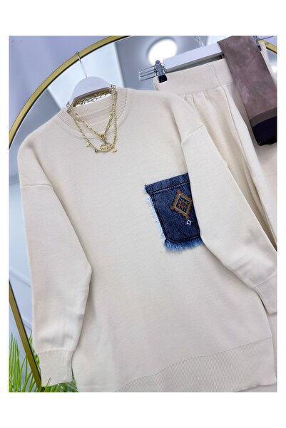 YEDİLALE Denim Pocketed Casual Knitwear Double Set [Standard Size, Includes Tunic and Pants]