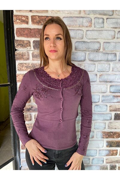 AGORATEKSTİL Women's Italian Sim Bead and Sequin Detailed Bolero Set Blouse and Vest 36-42