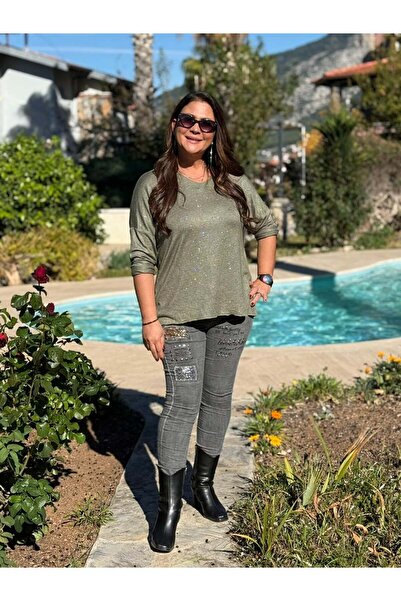 Punta Otantik Nc82581 Glitter V-Neck Knit Blouse Khaki