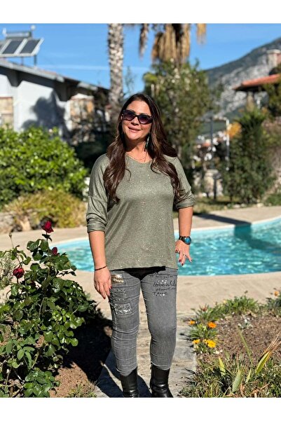 Punta Otantik Nc82581 Glitter V-Neck Knit Blouse Khaki