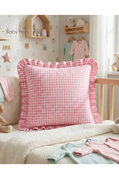 BABY HAN CONCEPT Premium Natural Texture Poplin Pink Gingham Ruffled Throw Pillow Cover – 40X40 cm