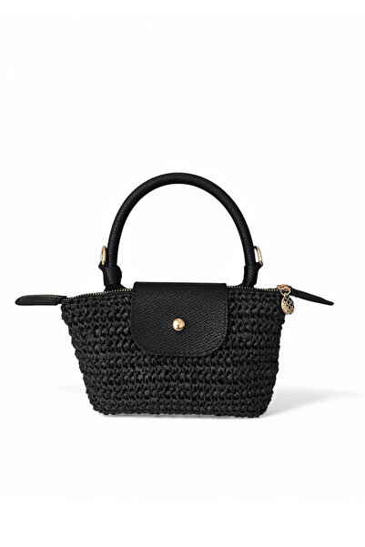 CEYBAG Kadın Küçük Deri Kapaklı Örgü El Çantası / Omuz Çantası-Siyah