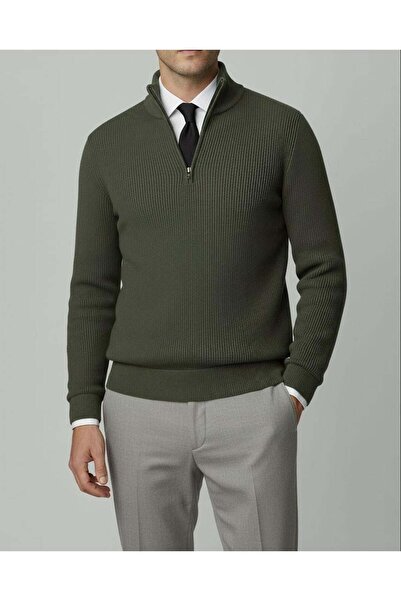 TerziAdemAltun Italian Style S Slim Fit Zipper Polo Neck Knitwear Sweater Green T14946