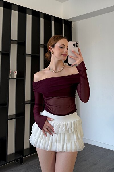 MAT BUTİK Bordo Madonna Yaka Transparan Tül Bluz